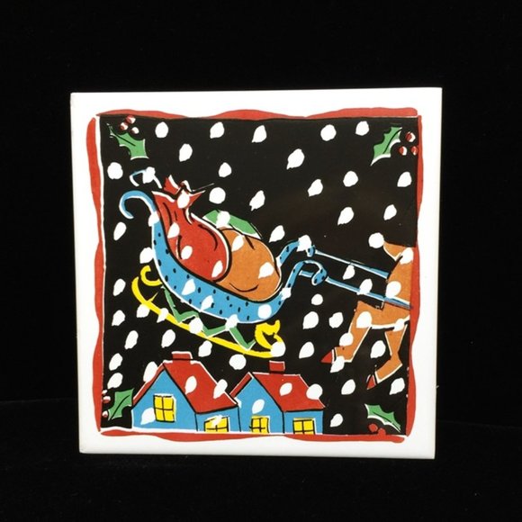4 Christmas Tiles Set Reindeer Gifts Sleigh Xmas Tree Ceramic Cork Back Portugal - Picture 5 of 7